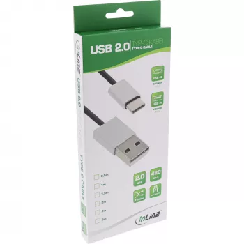 InLine USB 2.0 kábel, USB-C konektor samec / USB-A konektor samec, čierny/alu, flexibilný, 1,5m