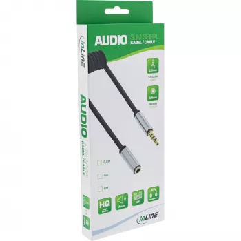 InLine tenký audio špirálový kábel 3,5 mm konektor samec / konektor samica, 4-polový, stereo, 0,5 m