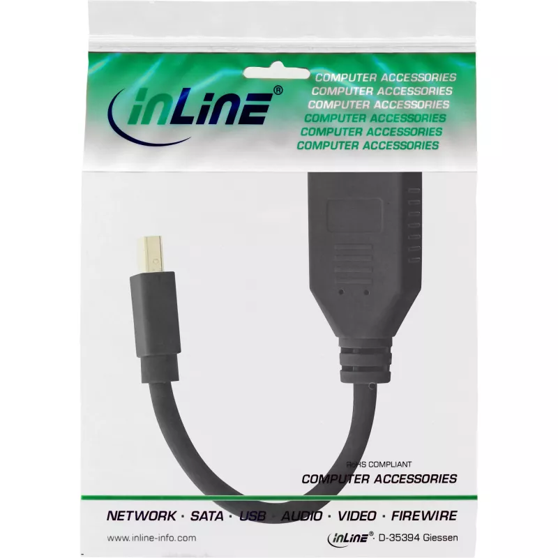 InLine adaptérový kábel Mini DP konektor samec na DisplayPort konektor samica, 4K2K, čierny, 0,15m