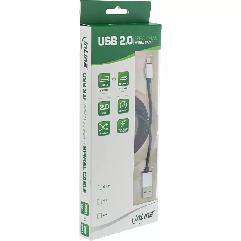 InLine Micro-USB 2.0 špirálový kábel, Type-A/Micro-B M/M, čierny/alu, flexibilný 3 m