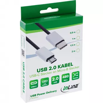 InLine USB 2.0 kábel, USB-C konektor samec / Micro-B konektor samec, čierny/alu, flexibilný, 0,5m