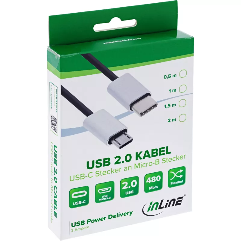 InLine USB 2.0 kábel, USB-C konektor samec / Micro-B konektor samec, čierny/alu, flexibilný, 0,5m