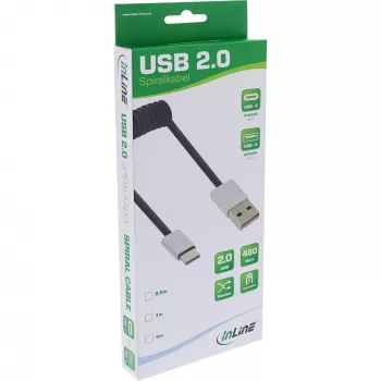 InLine USB 2.0 špirálový kábel, USB-C konektor samec / USB-A konektor samec, čierny/alu, flexibilný, 2m