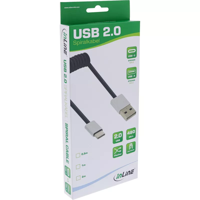 InLine USB 2.0 špirálový kábel, USB-C konektor samec / USB-A konektor samec, čierny/alu, flexibilný, 2m