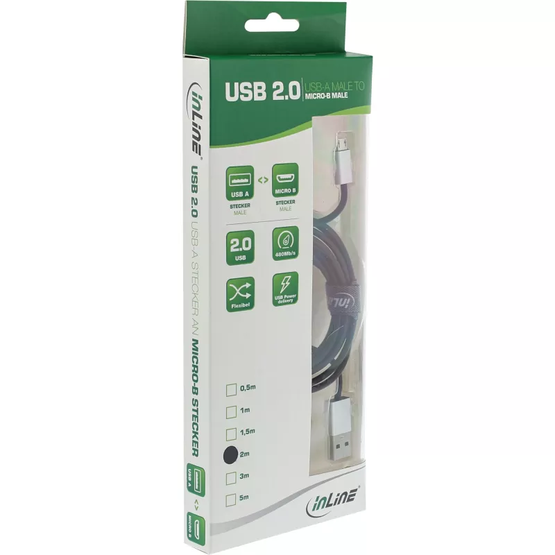 InLine Micro-USB 2.0 kábel, USB Type-A / Micro-B M/M, čierny/alu, flexibilný, 2m