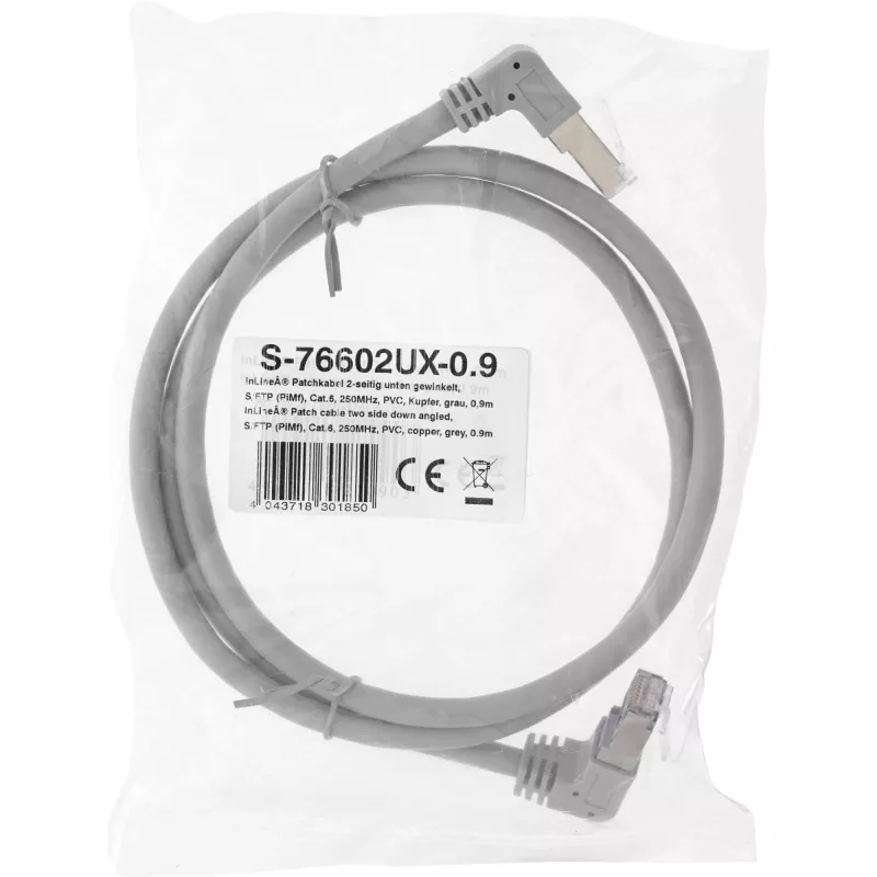 Sieťový kábel InLine® S-76602U-0.9 zahnutý konektor Cat.6 0,9 m sivý
