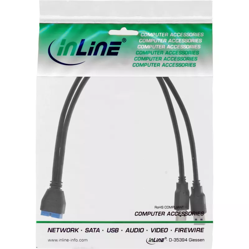 InLine USB 3.0 Premium adaptérový kábel 2x USB-A konektor samec / header základnej dosky, 0,40 m