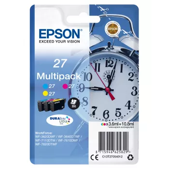 Epson budík multibalenie 3-farebný 27 DURABrite Ultra atrament, azúrová, purpurová, žltý, pigmentový atrament, 3,6 ml, 1 ks, 300 strán, multibalenie