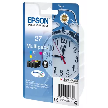 Epson budík multibalenie 3-farebný 27 DURABrite Ultra atrament, azúrová, purpurová, žltý, pigmentový atrament, 3,6 ml, 1 ks, 300 strán, multibalenie
