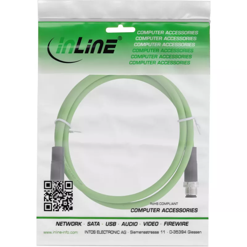 InLine priemyselný sieťový kábel, M12 4-pin D-kódovaný konektor samec/samec, PUR 5 m