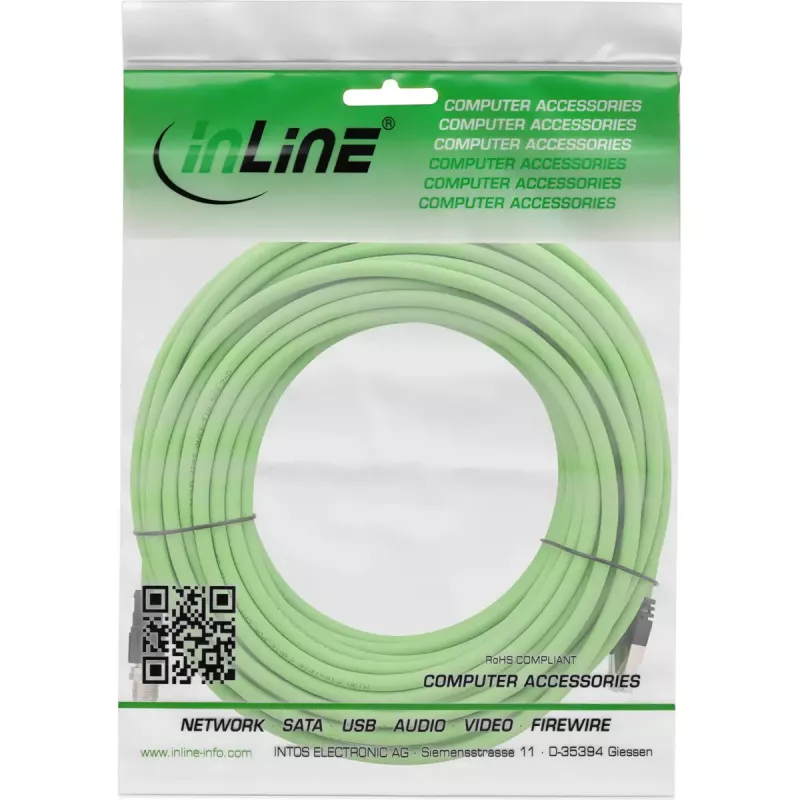 InLine priemyselný sieťový kábel, M12 8-pólový X-kódovaný na RJ45 konektor samec, Cat.6A PUR 20m
