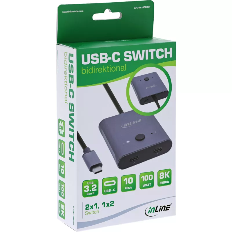 InLine USB-C prepínač, obojsmerný prepínač, 10 Gb/s, 100 W
