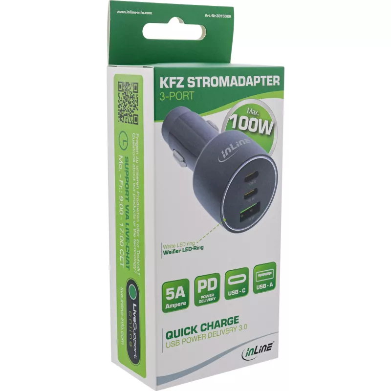 InLine USB autonabíjačka Power Delivery, 2x USB-C + QC USB-A, čierna