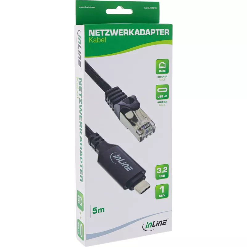 Sieťový kábel InLine 33381B USB-C na RJ45 Gigabit 5 m čierny