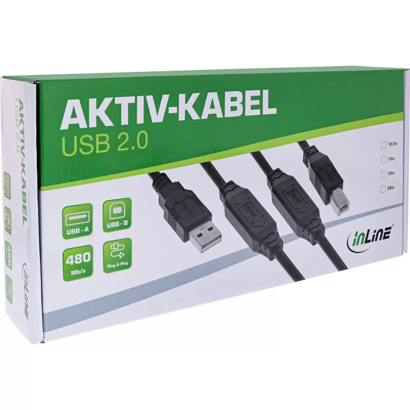 InLine USB 2.0 aktívny kábel, USB-A konektor samec na USB-B konektor samec, 12,5 m