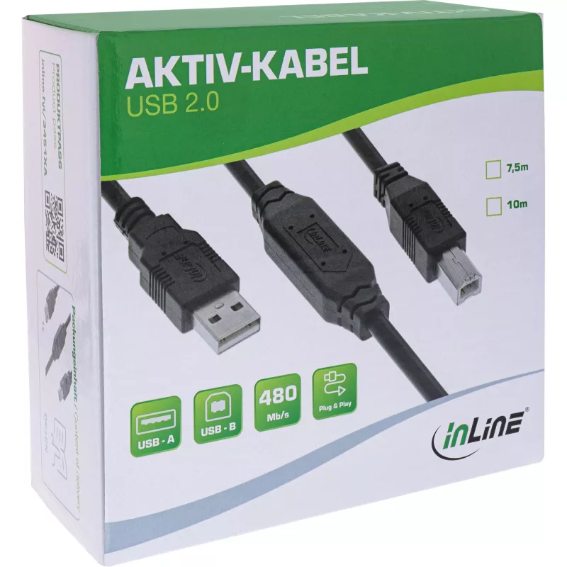 InLine USB 2.0 aktívny kábel, USB-A konektor samec na USB-B konektor samec, 7,5 m