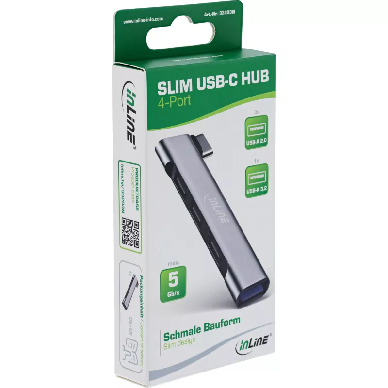 InLine štíhly USB-C hub, 4-portový, USB 3.0 + 3x USB 2.0, štíhly dizajn