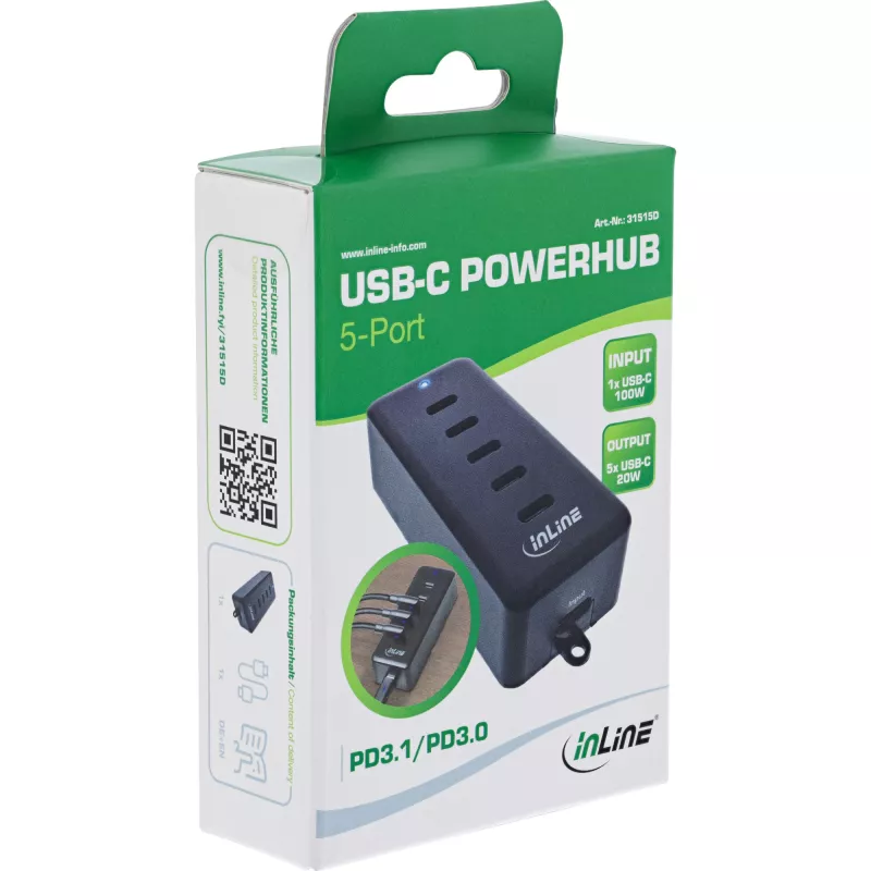 InLine USB-C rozšírenie 5-portové 100W interiérová nabíjačka univerzálna kompatibilita