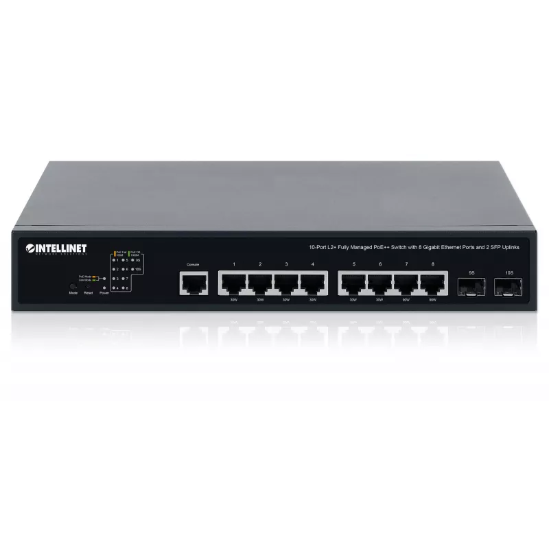 Intellinet 10-portový L2+ Fully Managed PoE++ switch s 8 Gigabit Ethernet portmi a 2 SFP uplinkmi