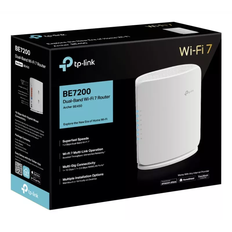 WLAN router TP‑Link Archer BE450 — Dual‑Band (2,4/5 GHz), Wi‑Fi 7, Multi‑Gigabit Ethernet, 5x LAN, USB, biely