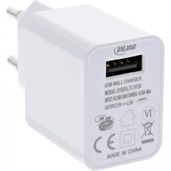 InLine USB napájací zdroj Single, 100-240V na 5V/2,5A, biely