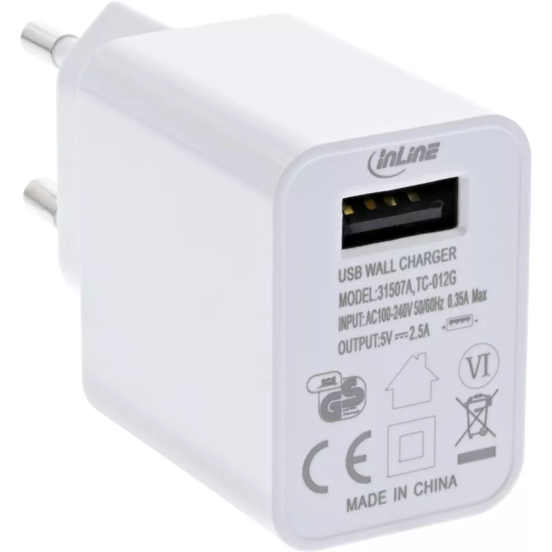 InLine USB napájací zdroj Single, 100-240V na 5V/2,5A, biely