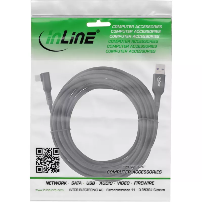 InLine USB 3.2 Gen.1 kábel, USB-C konektor samec zahnutý - USB-A konektor samec pre VR, čierny, 5 m