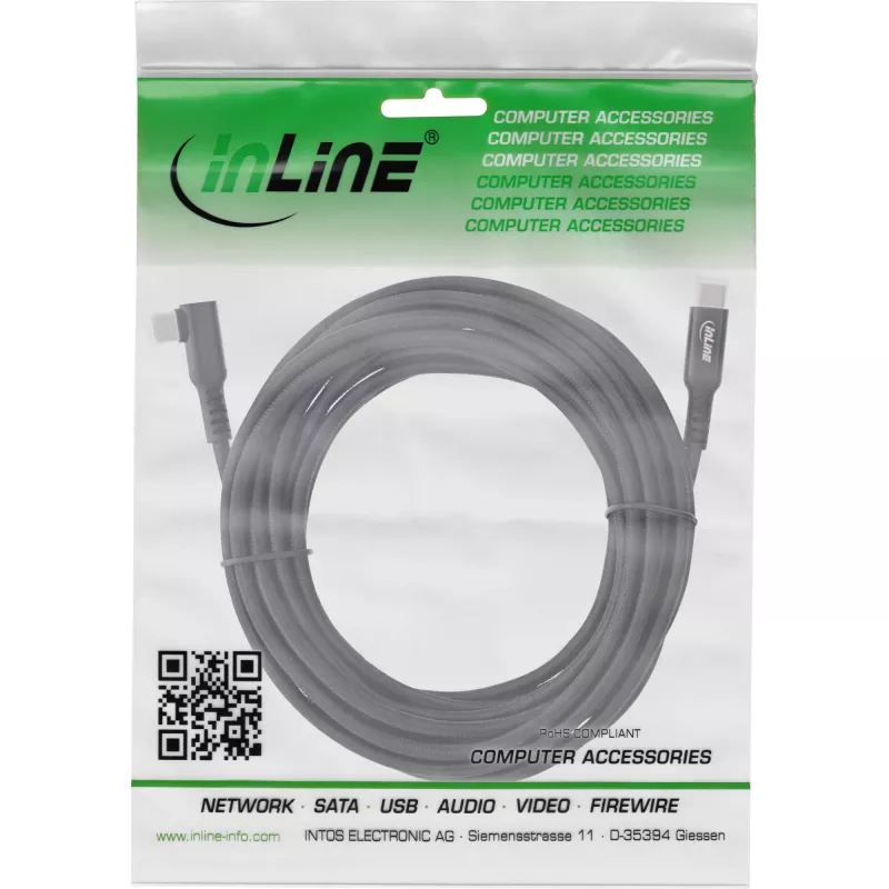 InLine USB 3.2 Gen.1 kábel, USB Type-C konektor samec/samec zahnutý pre VR, čierny, 5 m