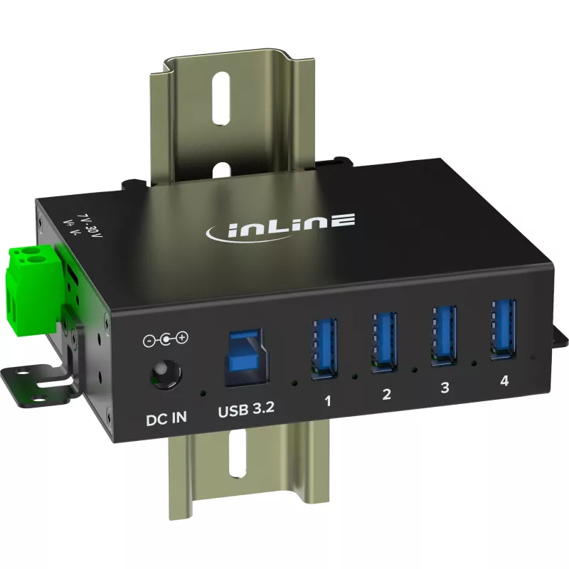 InLine 35396A priemyselný rozbočovač USB 3.2 Gen 1, 4x USB-A, hostiteľský port USB-B, 5 Gbit/s, hliníkové puzdro, čierny, s napájacím zdrojom