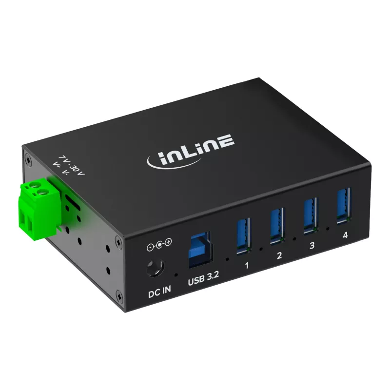 InLine 35396A priemyselný rozbočovač USB 3.2 Gen 1, 4x USB-A, hostiteľský port USB-B, 5 Gbit/s, hliníkové puzdro, čierny, s napájacím zdrojom