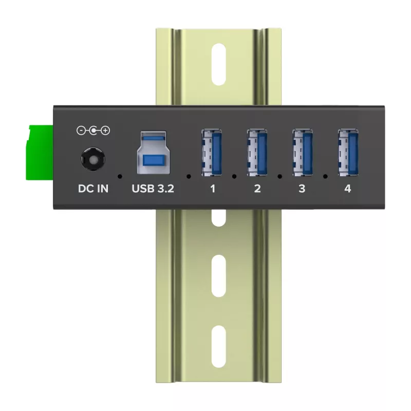 InLine 35396A priemyselný rozbočovač USB 3.2 Gen 1, 4x USB-A, hostiteľský port USB-B, 5 Gbit/s, hliníkové puzdro, čierny, s napájacím zdrojom