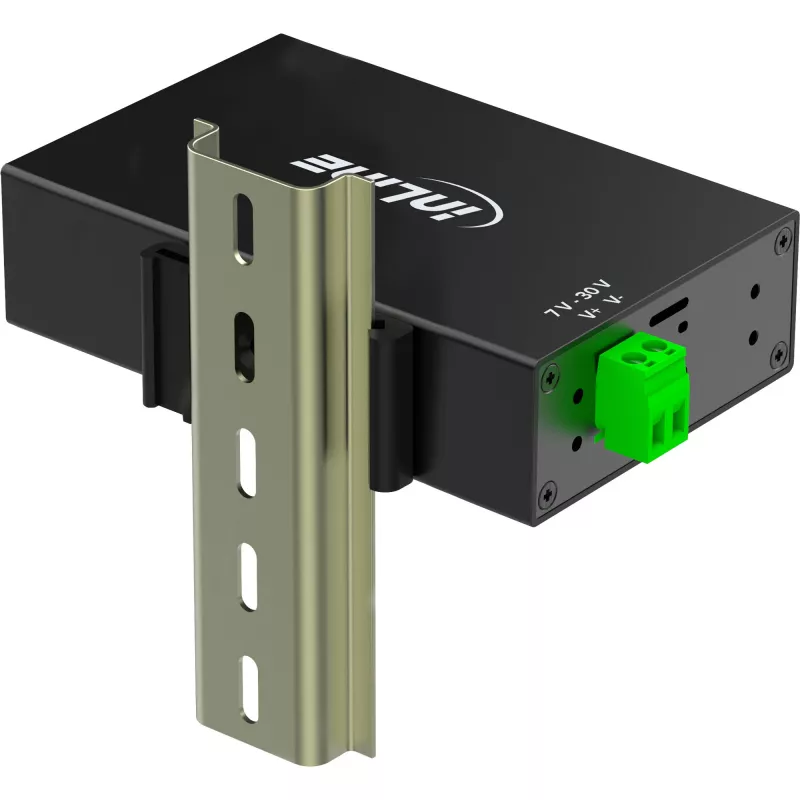 InLine 35396A priemyselný rozbočovač USB 3.2 Gen 1, 4x USB-A, hostiteľský port USB-B, 5 Gbit/s, hliníkové puzdro, čierny, s napájacím zdrojom