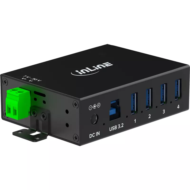 InLine 35396A priemyselný rozbočovač USB 3.2 Gen 1, 4x USB-A, hostiteľský port USB-B, 5 Gbit/s, hliníkové puzdro, čierny, s napájacím zdrojom