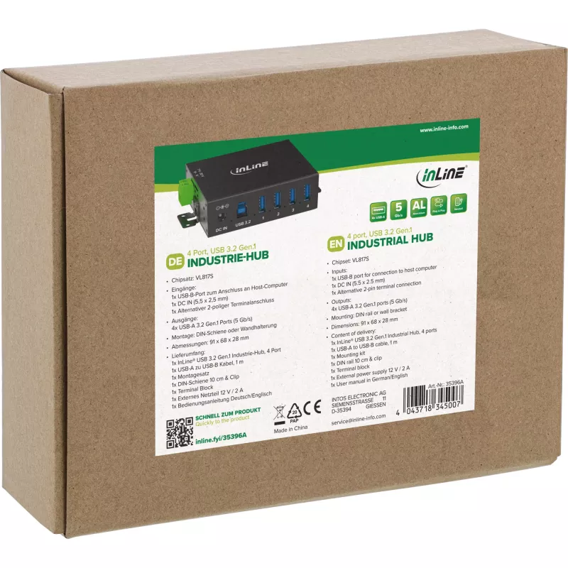 InLine 35396A priemyselný rozbočovač USB 3.2 Gen 1, 4x USB-A, hostiteľský port USB-B, 5 Gbit/s, hliníkové puzdro, čierny, s napájacím zdrojom