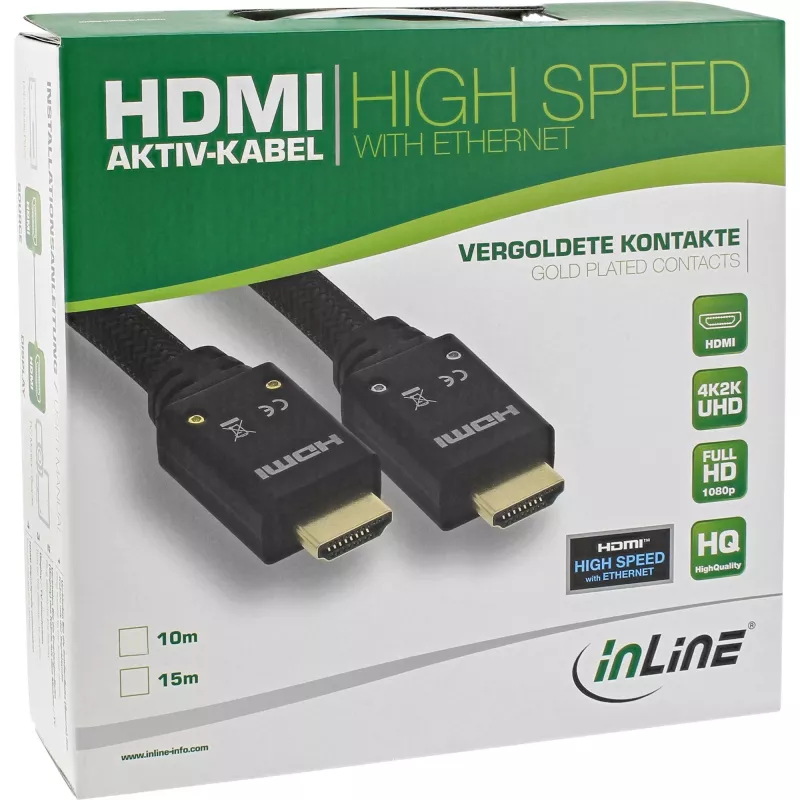 InLine HDMI aktívny kábel, HDMI High Speed s Ethernet, M/M, nylonový oplet, 15 m