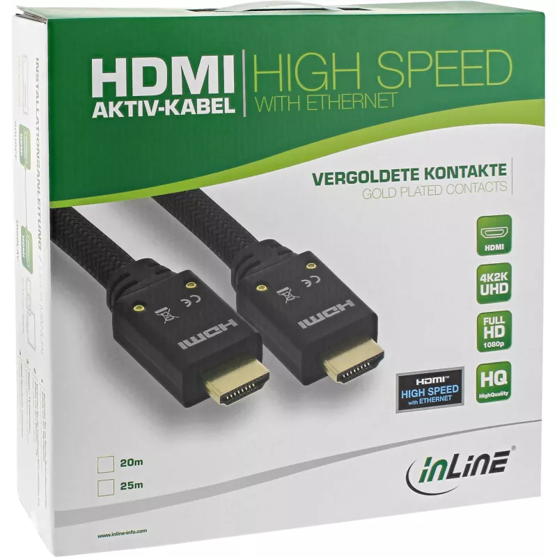 InLine HDMI aktívny kábel, HDMI High Speed s Ethernet, M/M, nylonový oplet, 20 m