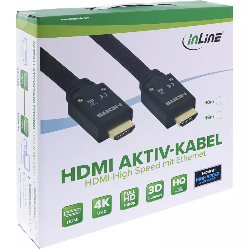 InLine HDMI aktívny kábel, HDMI High Speed s Ethernet, M/M, nylonový oplet, 10 m