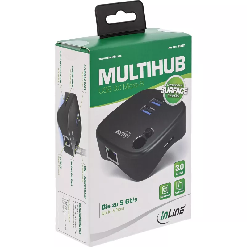 InLine USB 3.0 multiadapter, 2x USB-A, RJ45, čítačka SD/MicroSD kariet, čierny