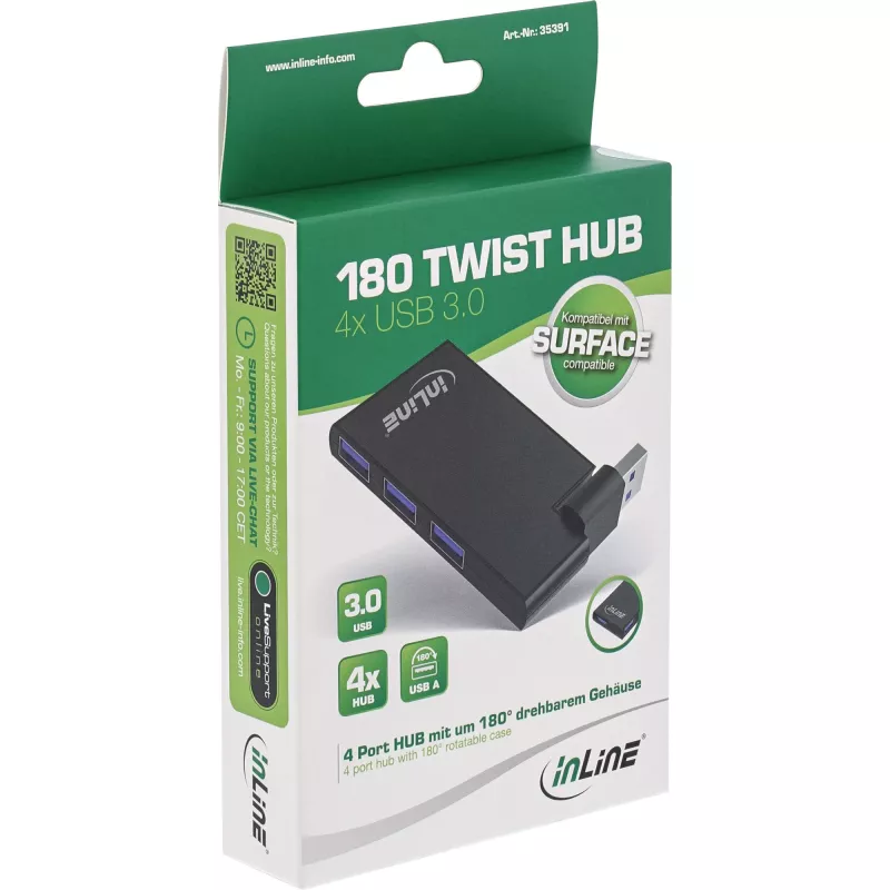 InLine USB 3.0 otočný hub, 4 porty, čierny