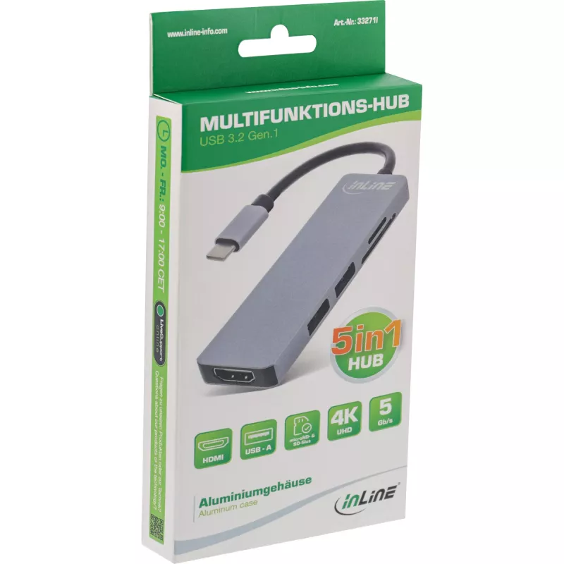 InLine multi-hub USB 3.2 Gen.1, 2x USB-A, HDMI 4K/30Hz, čítačka kariet, hliník, sivý