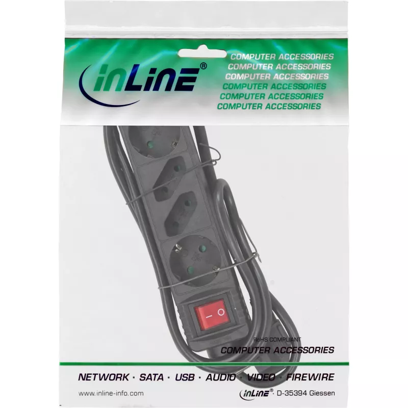 InLine predlžovacia zásuvka, 4-násobná, 2x CEE7/3 + 2x Euro CEE 7/16, čierna, 5 m