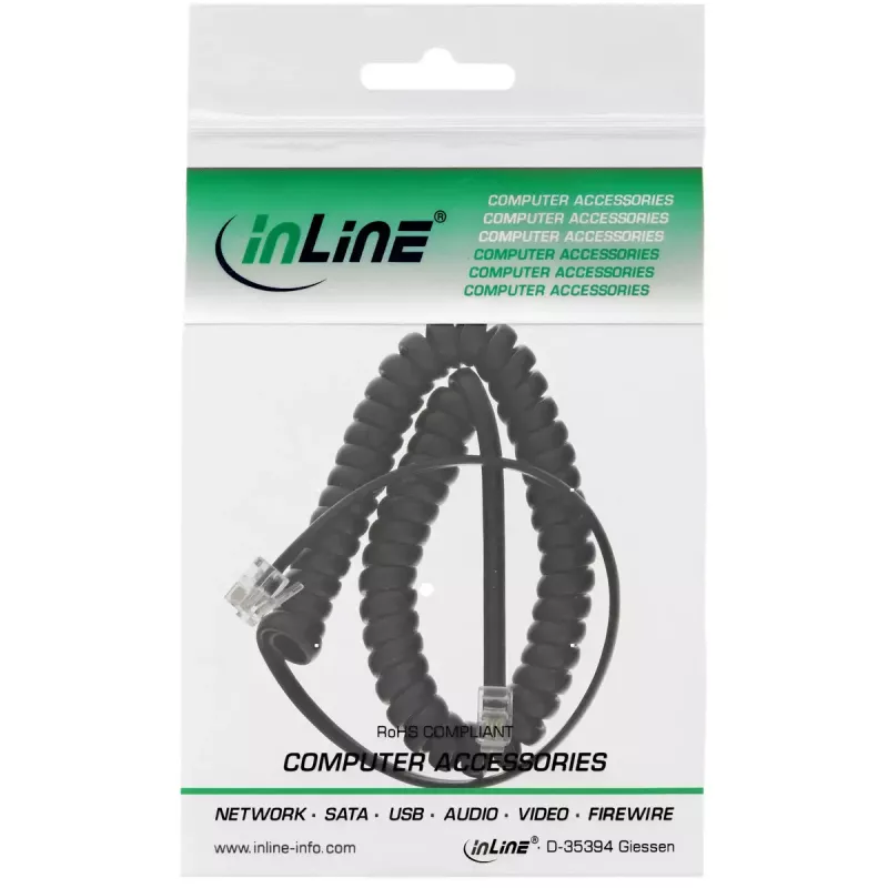 InLine špirálový kábel k slúchadlu, RJ10 4P4C M/M, čierny, max. 4 m