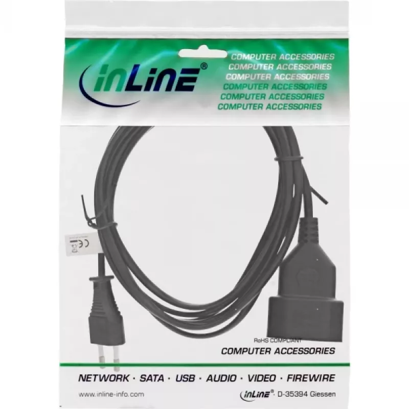 InLine Euro konektor Type-C predlžovací napájací kábel samec/samica, čierny, 3m