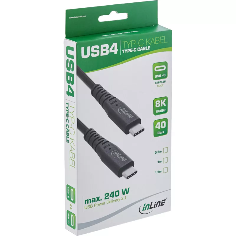 USB4 kábel InLine USB-C konektor samec na USB-C konektor samec, USB4 Gen 3x2, 40 Gbit/s, PD 240W, 8K@60Hz, TPE, 2 m
