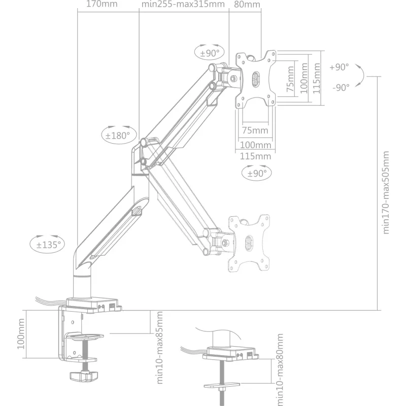 InLine držiak na stôl so zdvihom a USB/audio do max. 82 cm 32 palcov 9 kg