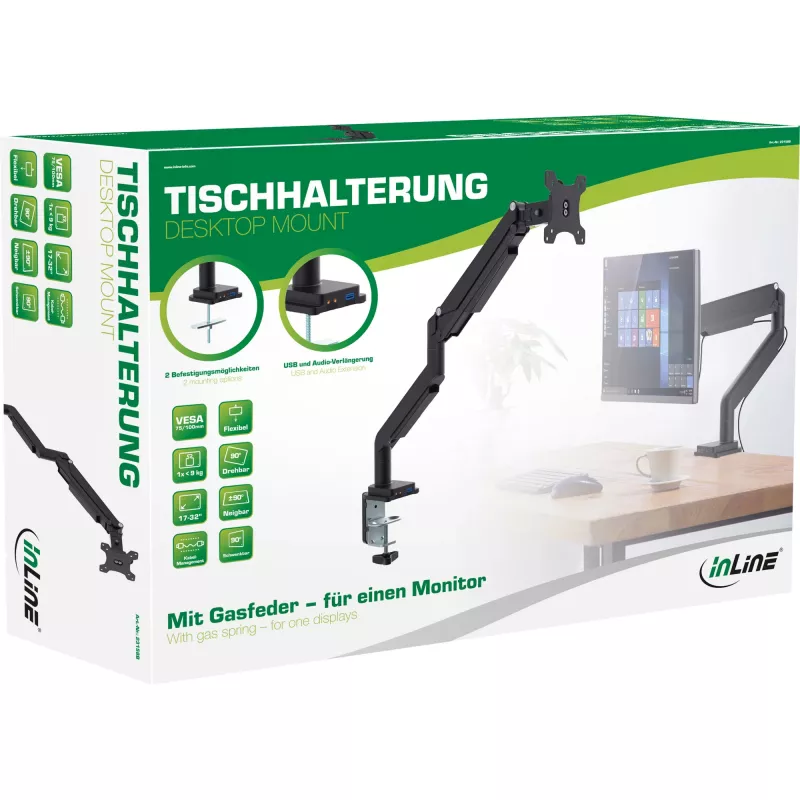 InLine držiak na stôl so zdvihom a USB/audio do max. 82 cm 32 palcov 9 kg