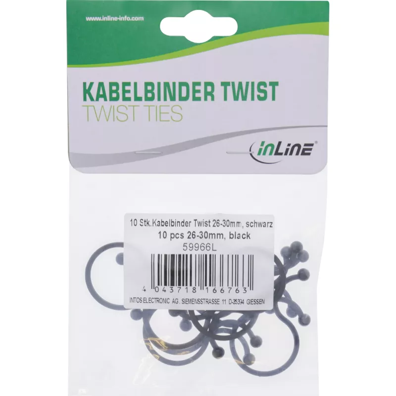 Twist Ties InLine 26–30 mm čierne, 10 kusov — organizér káblov/šnúr, dĺžka 30 mm