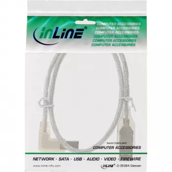 InLine USB 2.0 kábel ľavý zahnutý Type-A konektor samec / B konektor samec transparentný 3 m