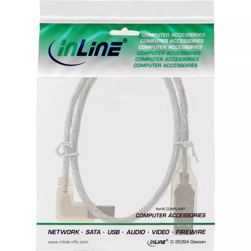 InLine USB 2.0 kábel ľavý zahnutý Type-A konektor samec / B konektor samec transparentný 3 m