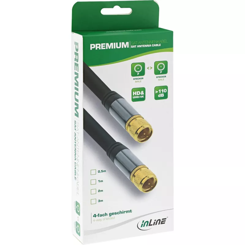 InLine Premium SAT kábel, 4-násobne tienený, 2x F konektor samec, >110 dB, čierny, 3 m